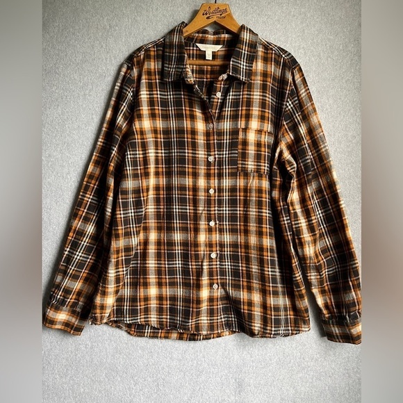 Garnet Hill Shirt Womens 16 Flannel Brown Black Button Down - Picture 2 of 5